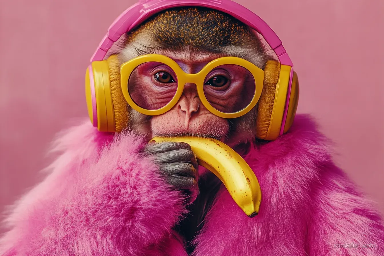 Monkey wearing yellow glasses, headphones, and a pink coat eating a banana.