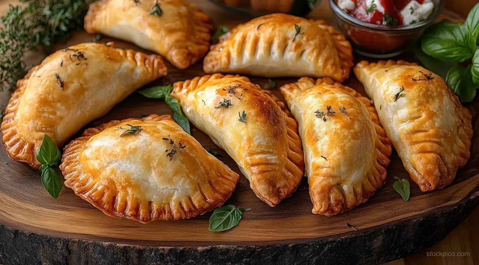 Golden baked hand pies on a wooden serving board with fresh herbs and a bowl of creamy tomato dipping sauce.