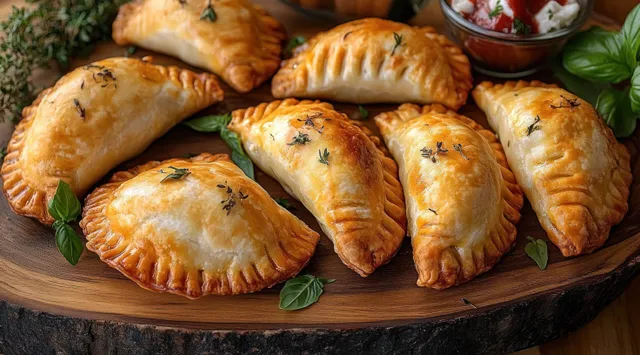 Golden baked hand pies on a wooden serving board with fresh herbs and a bowl of creamy tomato dipping sauce.