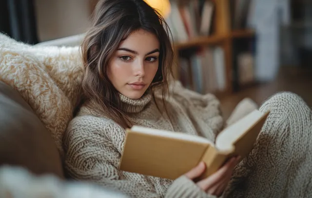 Woman in chunky knit sweater reading a book on a sofa under warm lamp light