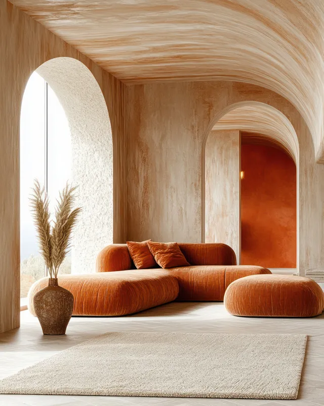 Terracotta curved sofa and round ottoman in a sunlit living room with archways and a pampas grass vase.