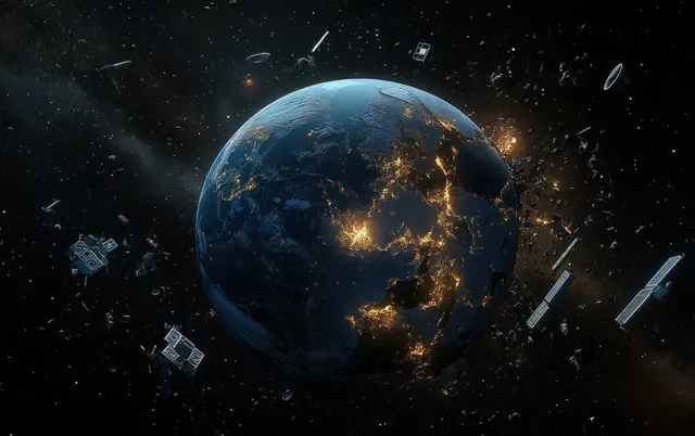 Earth floats in space while satellites and metallic debris pieces streak around it, glowing against stars.