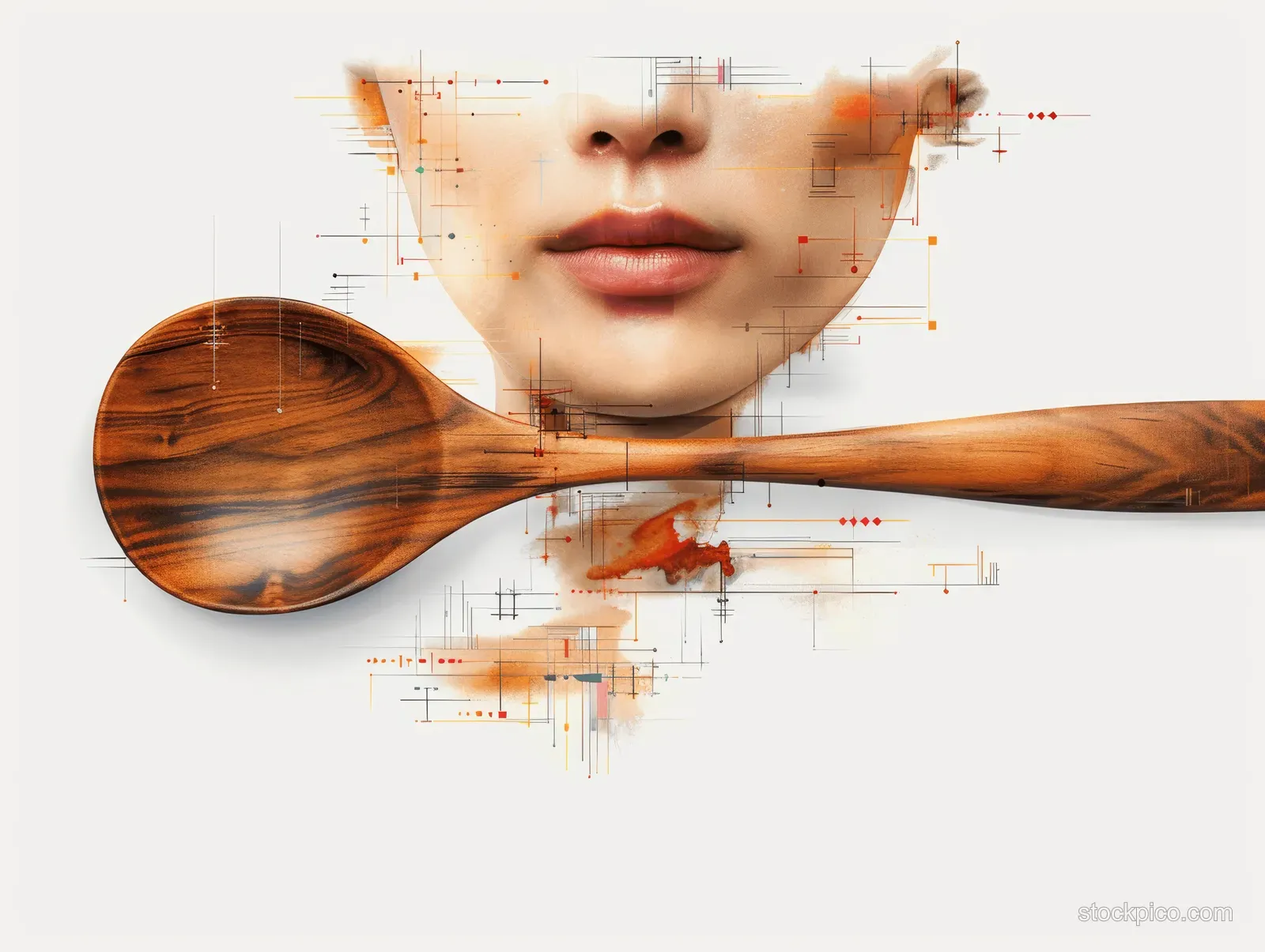 Abstract portrait collage featuring a partial Asian woman face, geometric overlays, and a wooden pipe shape on white background.