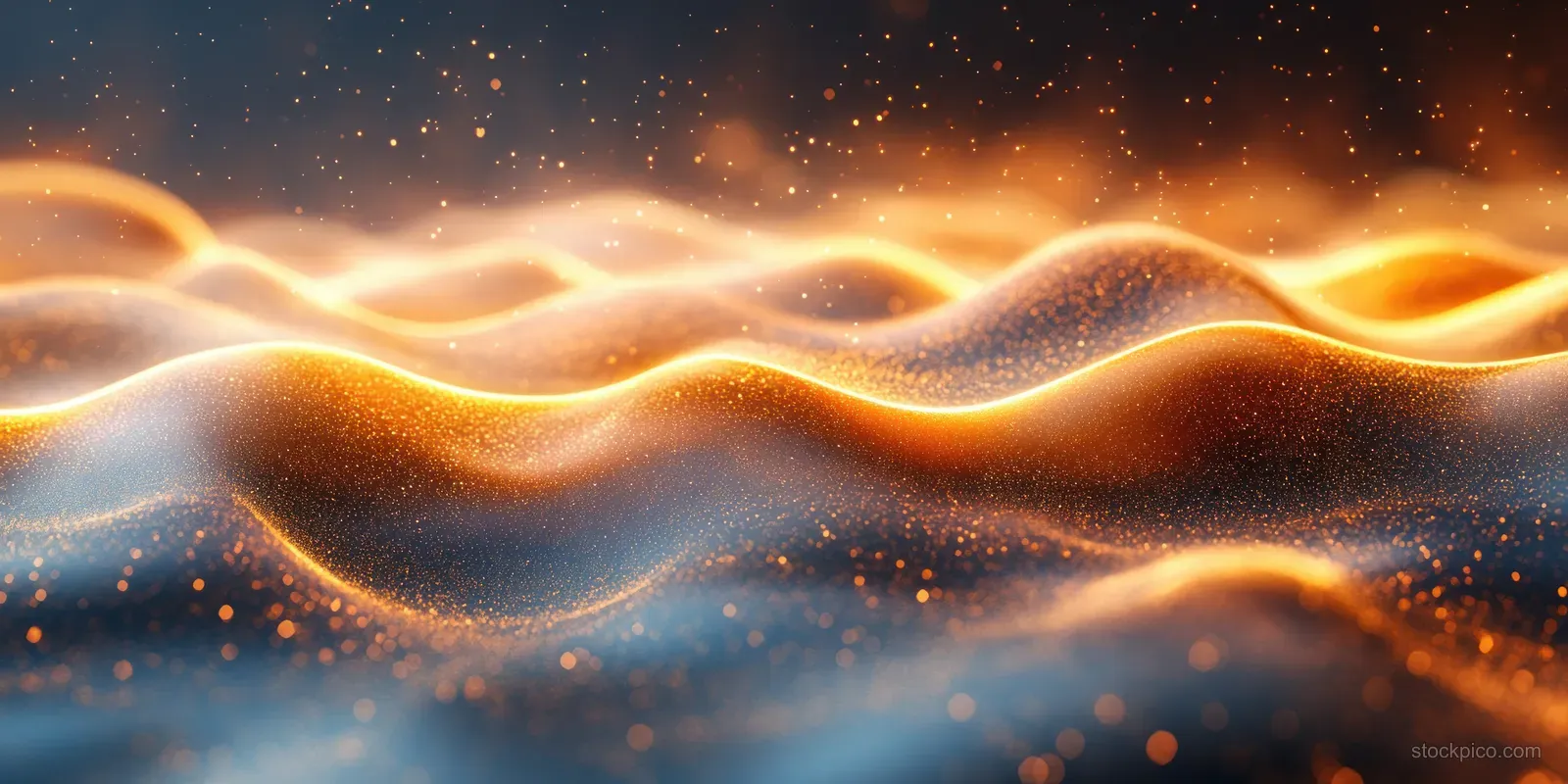 Golden glowing wave lines ripple across a dark space, forming smooth gradient curves with scattered light particles.