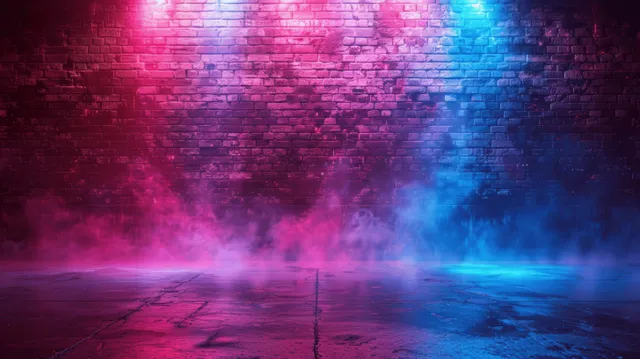 Red and blue neon lights glow on a brick wall as stage smoke spreads across a dark floor.