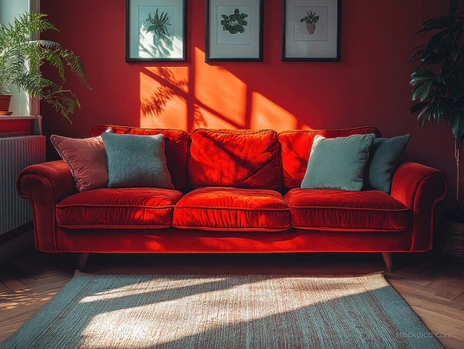 Red sofa with teal cushions and patterned rug in a Scandinavian living room, illuminated by sunlit window shadows.