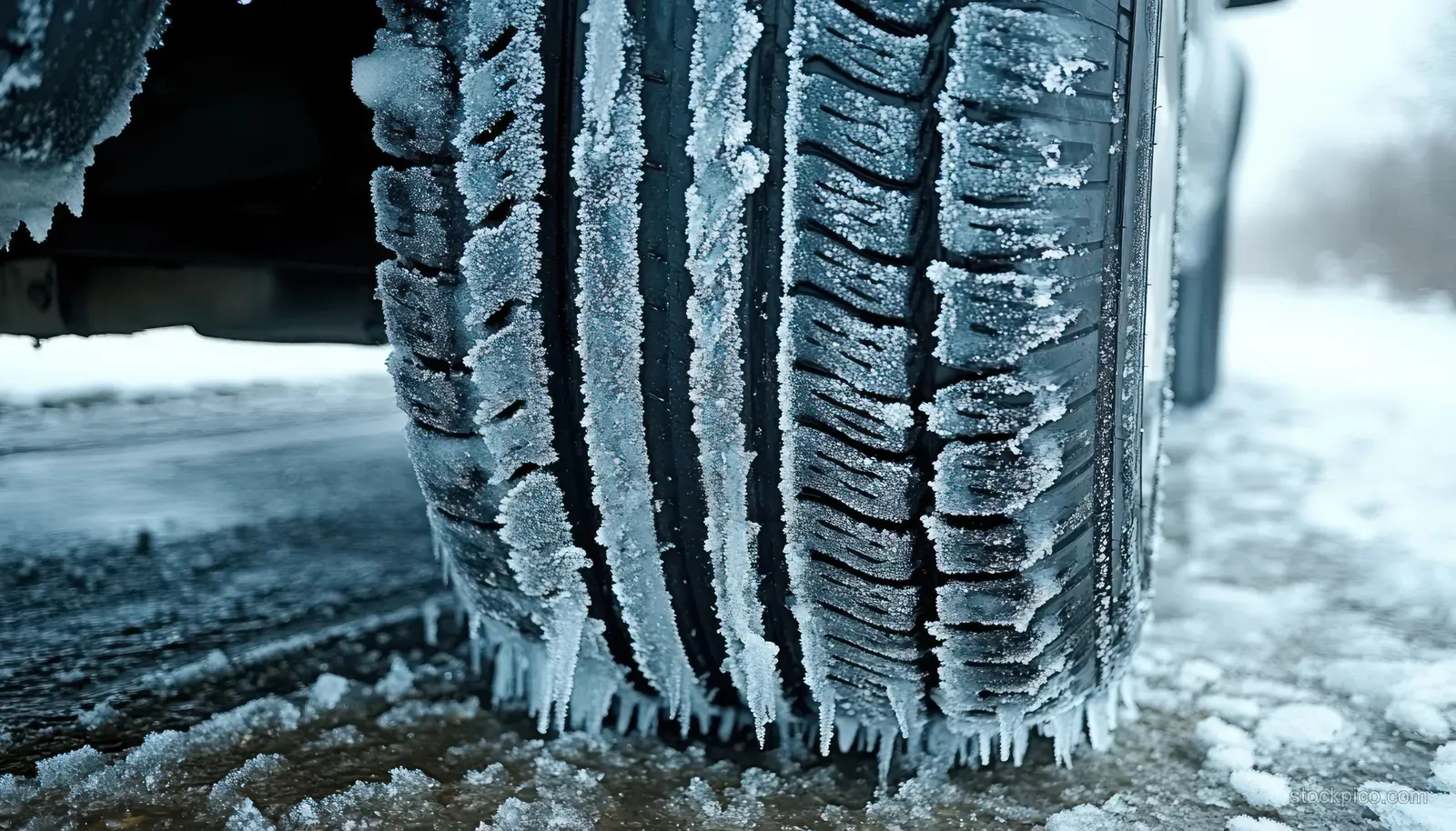 A close-up car tire covered in frost and ice gripping a snowy road in winter.