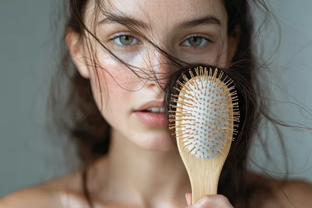 A concerned woman holds a hairbrush with tangled black hair in a soft studio setting.