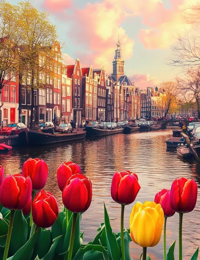 Red and yellow tulips sit beside a quiet canal with historic narrow buildings and boats under a warm sunset sky.