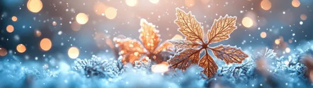 Minimalist banner showing glowing snowflake shapes over a blue snowy background with bokeh lights.