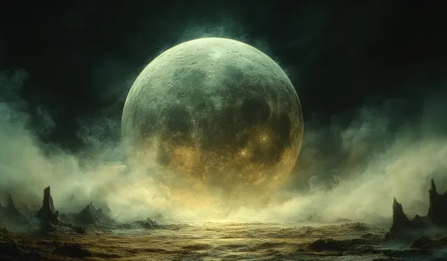 巨大的发光月亮悬于雾气弥漫的夜景之上，前景有黑色剪影结构和雾带。