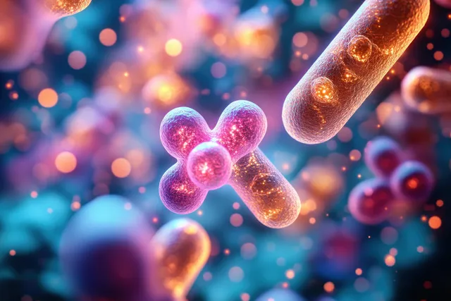 Glowing 3D bacteria and microorganisms float in a soft-focus blue and purple microscopic background.