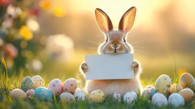 A rabbit holds a blank white card while decorated Easter eggs sit on green grass in warm sunlight.