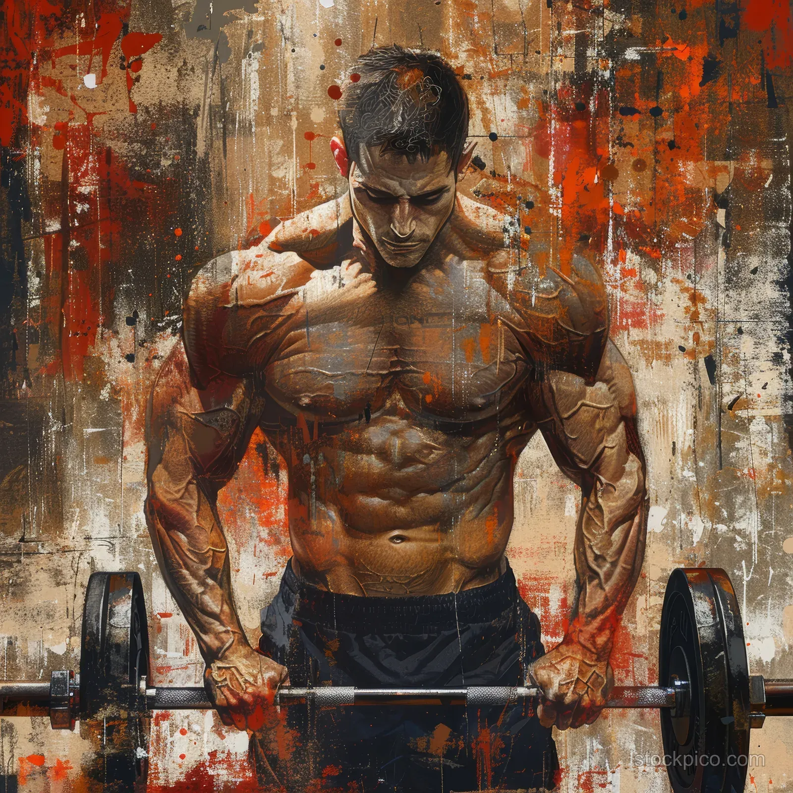 A muscular man lifts a barbell facing away, framed by warm paint splatters on a gritty gym wall.