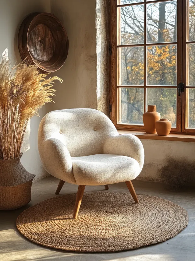 Cream upholstered armchair in a Scandinavian living room near a sunlit window with a woven rug and minimal decor.