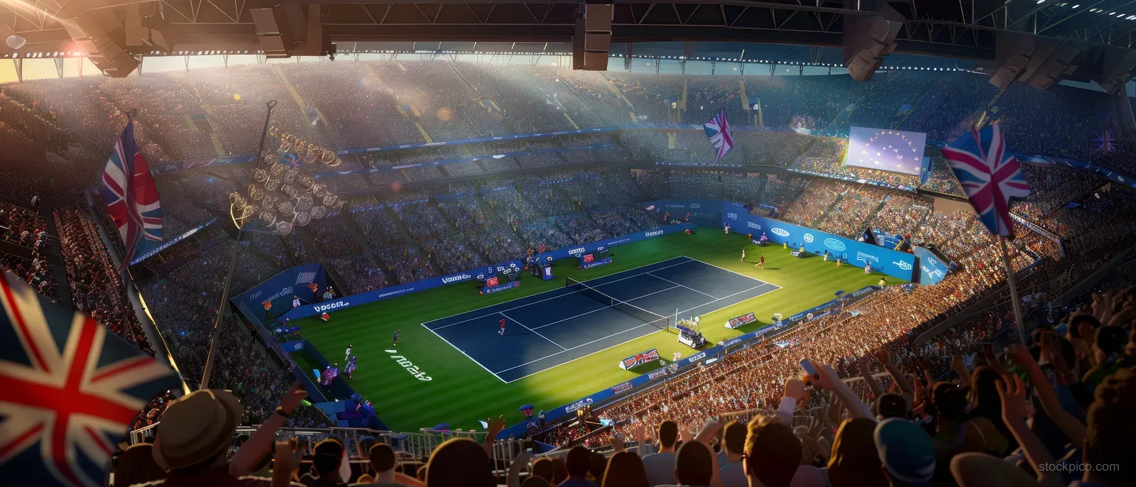 Wide shot of an Olympic tennis court with a packed crowd cheering and Union Jack flags waving.