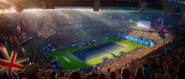 Tennis gold medal match inside Olympic stadium with cheering crowd and Union Jack flags