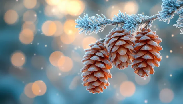 Frosted pine cones hang from a snowy evergreen branch with blurred winter lights in the background.