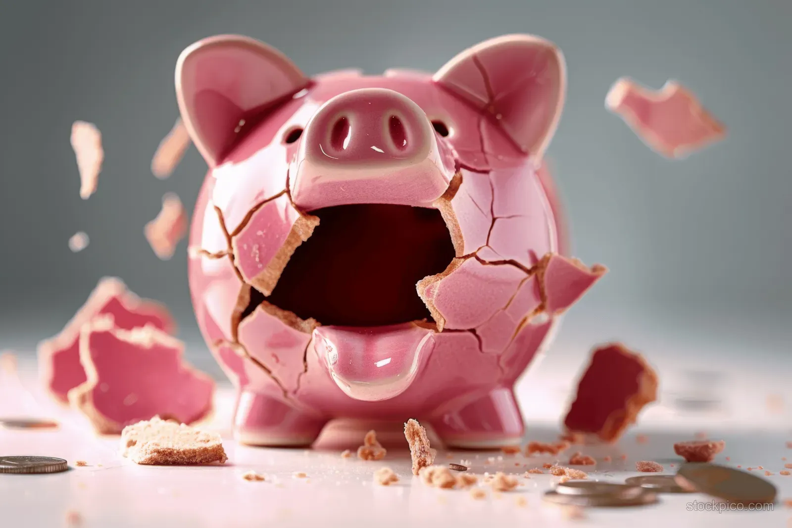 A cracked pink piggy bank sits open with scattered fragments and coins around it.
