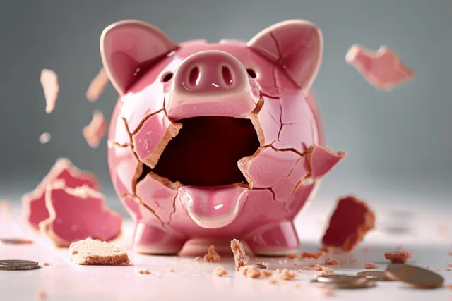 A cracked pink piggy bank sits open with scattered fragments and coins around it.