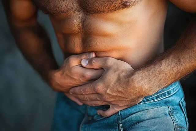 Man in blue jeans clutching his lower abdomen with both hands, showing visible discomfort in a close-up.