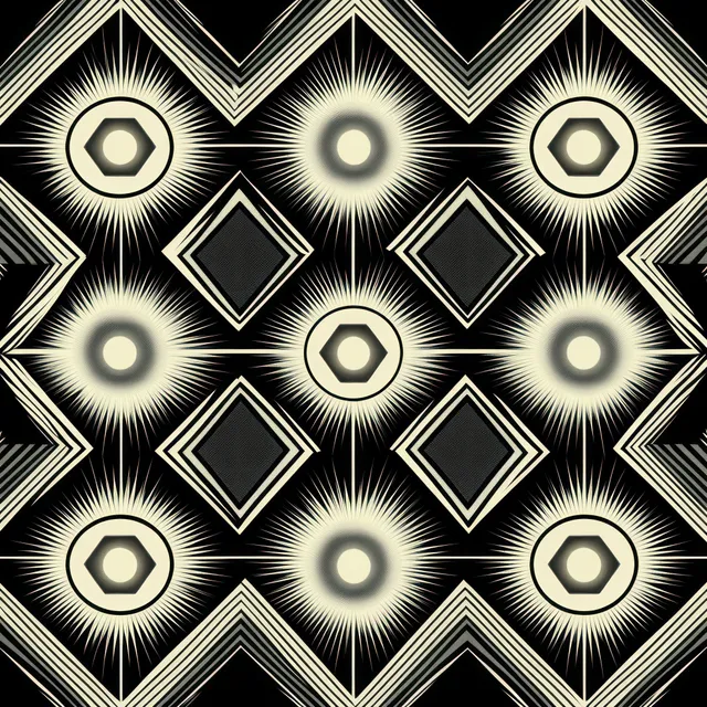 Black and white Art Deco geometric pattern with radiating sunburst diamonds