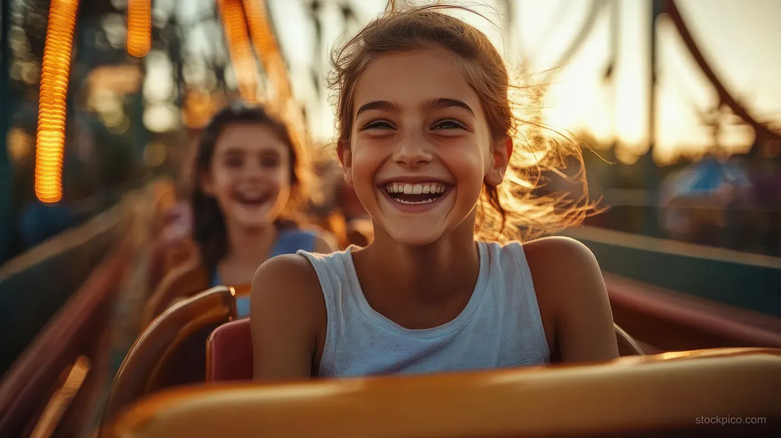 A smiling girl rides a roller coaster with her family, with warm golden-hour light and motion blur.