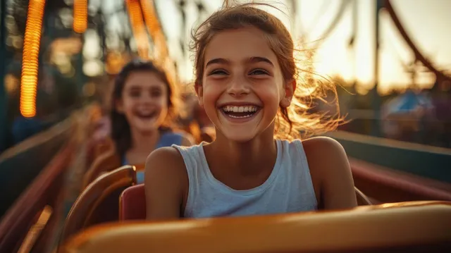 A smiling girl rides a roller coaster with her family, with warm golden-hour light and motion blur.