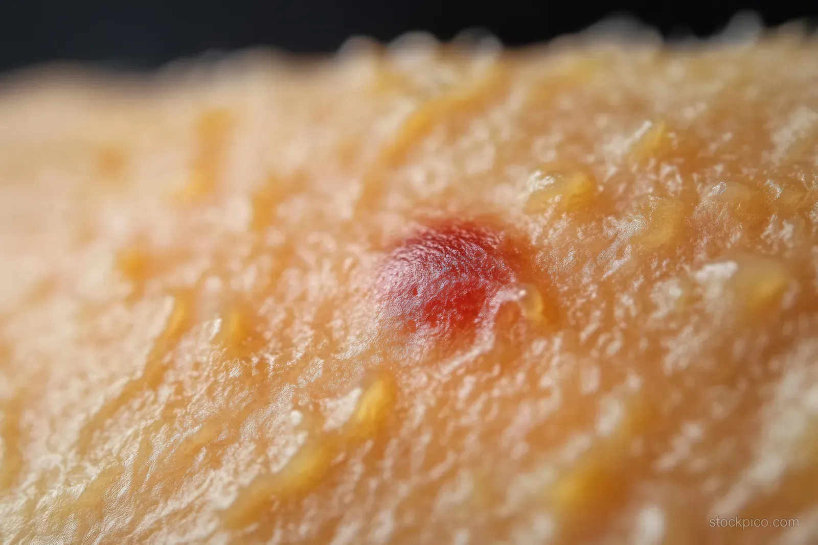 Macro close-up of textured human skin with a small raised red bump surrounded by fine hairs.