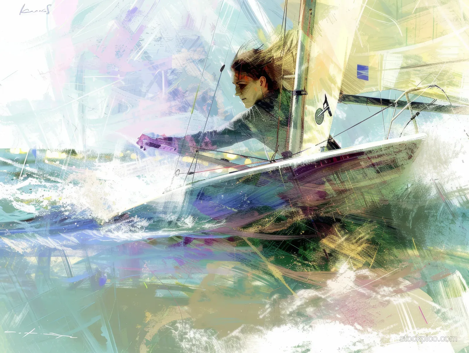A British woman sailor leans into the wind while racing a Laser Radial sailboat over choppy ocean water.