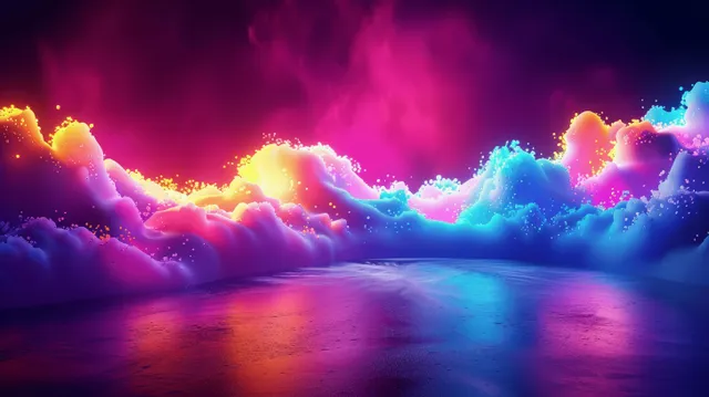 Futuristic pink and blue neon light lines wind through misty clouds above a reflective surface.