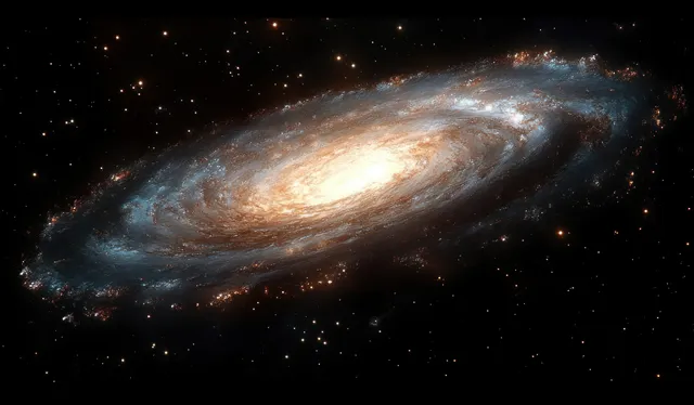 A spiral galaxy with a glowing center swirls through deep space among scattered stars and dusty lanes.