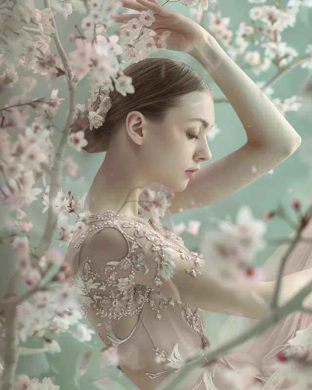 A rhythmic gymnast in a light leotard poses beside cherry blossoms with one arm raised and eyes closed.