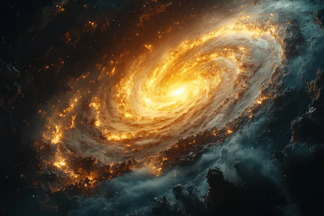 A glowing spiral galaxy with golden arms surrounded by dark cosmic dust and stars.