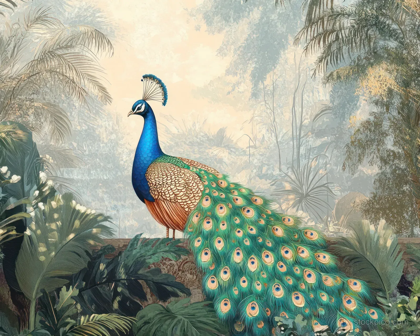 A peacock shows colorful iridescent tail feathers in a lush tropical garden with layered leaves and soft light.