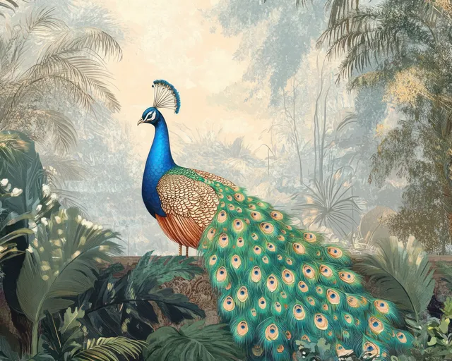 Peacock displaying iridescent feathers among lush tropical plants in Art Nouveau garden illustration