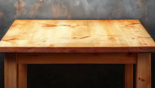Empty light wooden table top with visible grain against dark textured wall