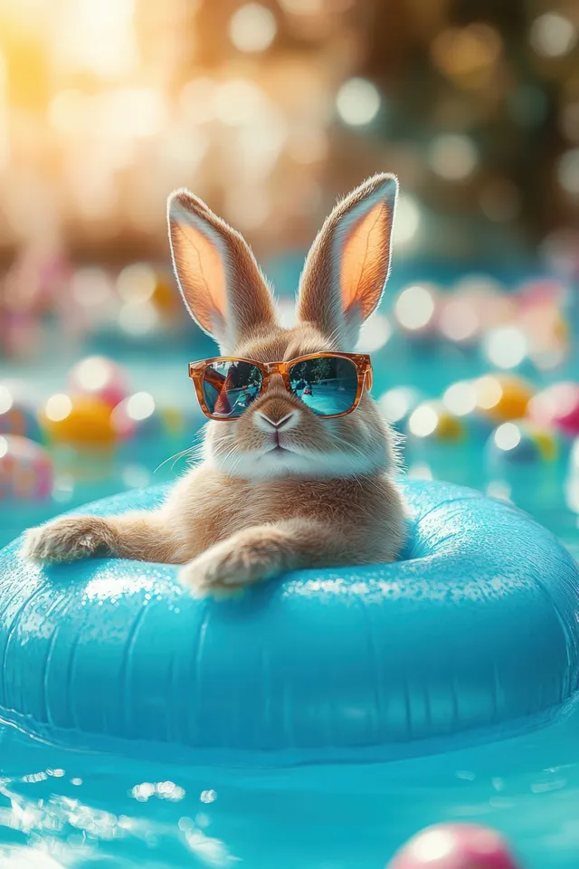 A rabbit wearing sunglasses lounges on a turquoise inflatable ring floating on sunny water with colorful blurred lights behind it.
