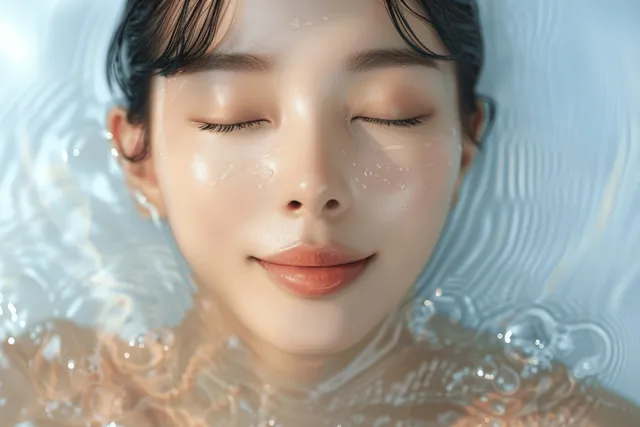 Young woman relaxing in a spa bath with soft bubbles and foam, eyes closed and face above water.