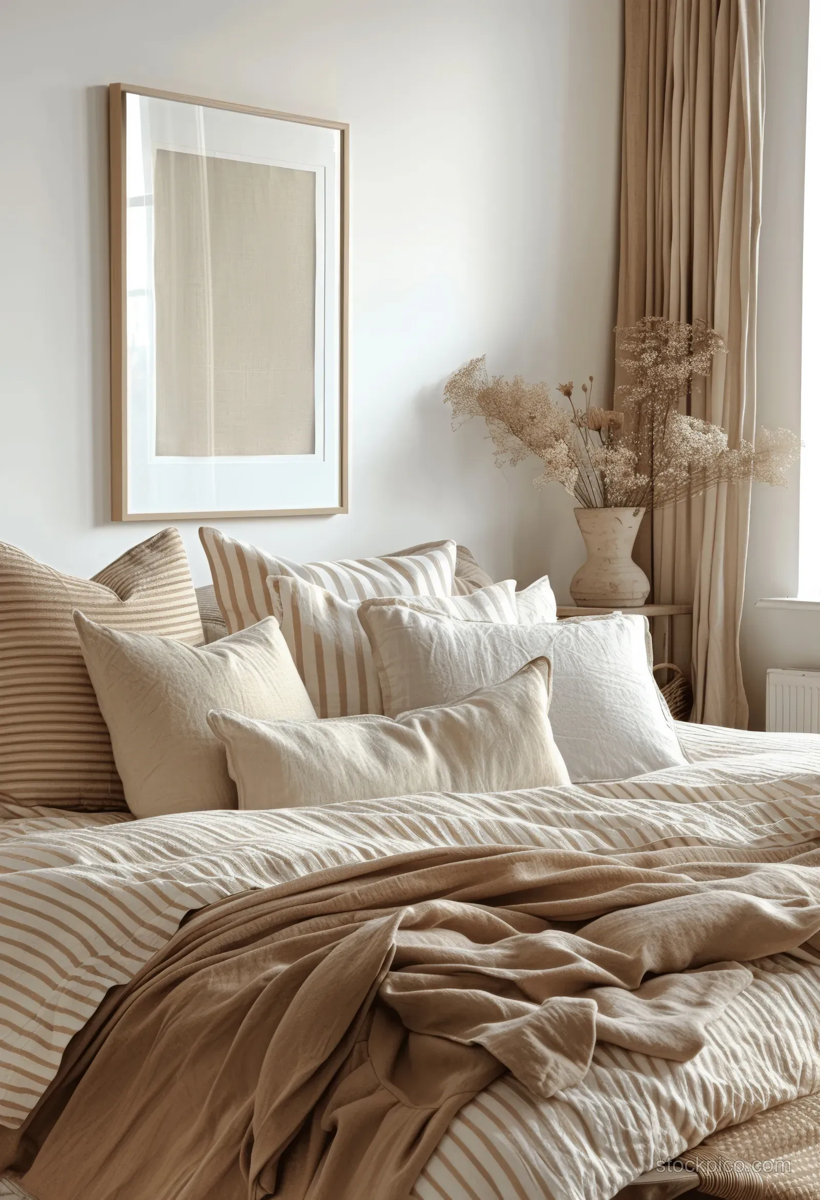 Minimalist bedroom bed with beige striped linen, pillows, and a blank wall frame beside sheer curtains.