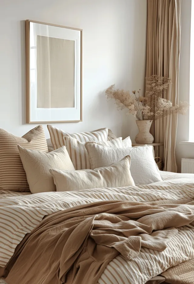 Minimalist bedroom bed with beige striped linen, pillows, and a blank wall frame beside sheer curtains.