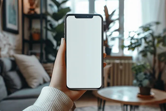 Close-up of a hand holding a smartphone with a blank white screen in a softly blurred living room.