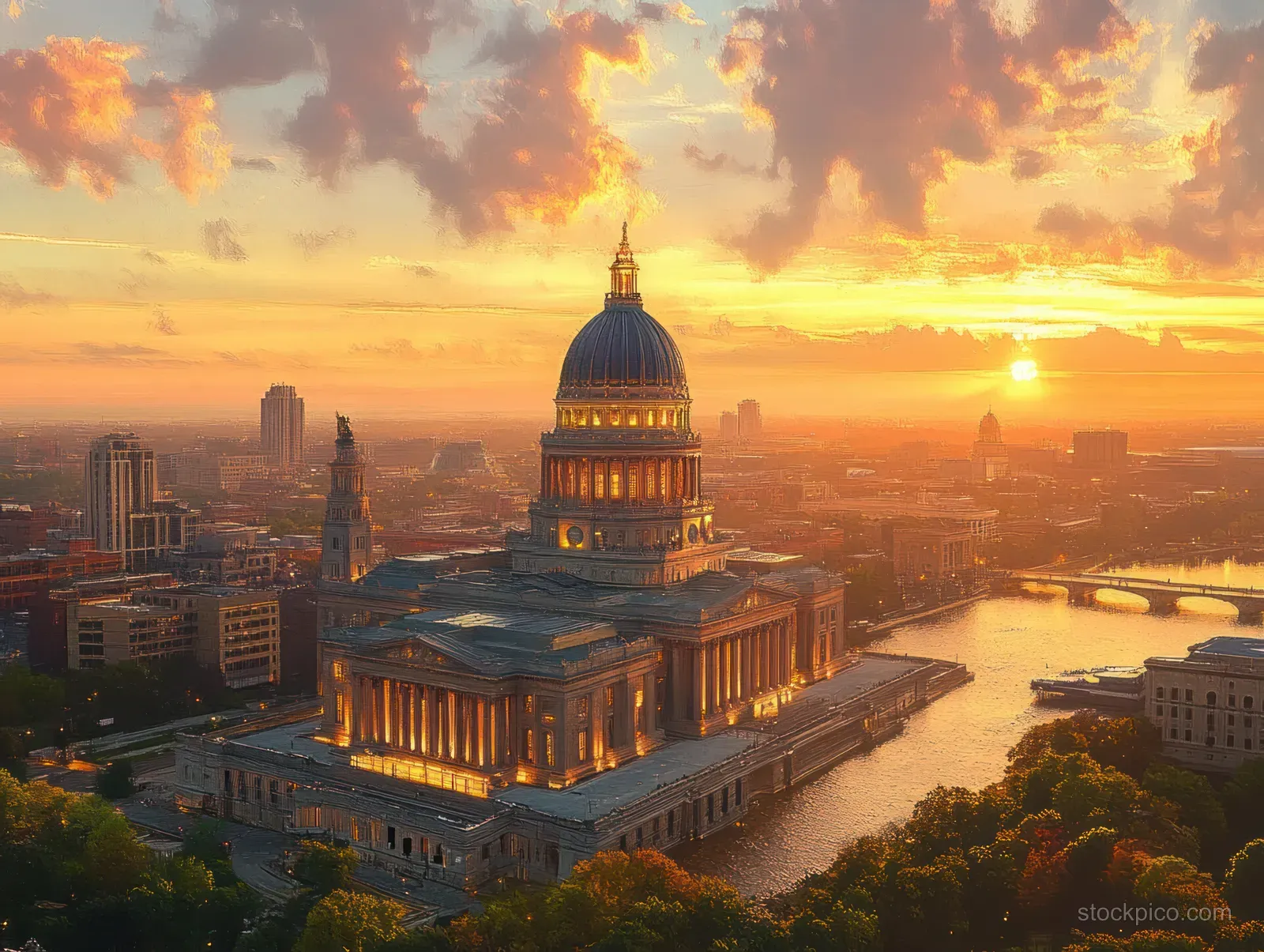 Aerial sunset view of the Illinois State Capitol dome over Springfield with city streets and river reflections.