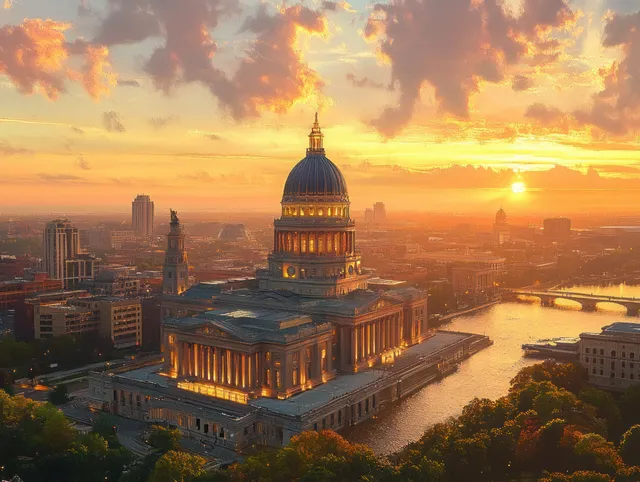 Aerial sunset view of Illinois State Capitol in Springfield, glowing dome above downtown river