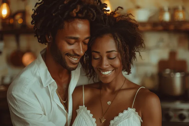 A smiling Black senior couple dances together in a bright kitchen with warm daylight.