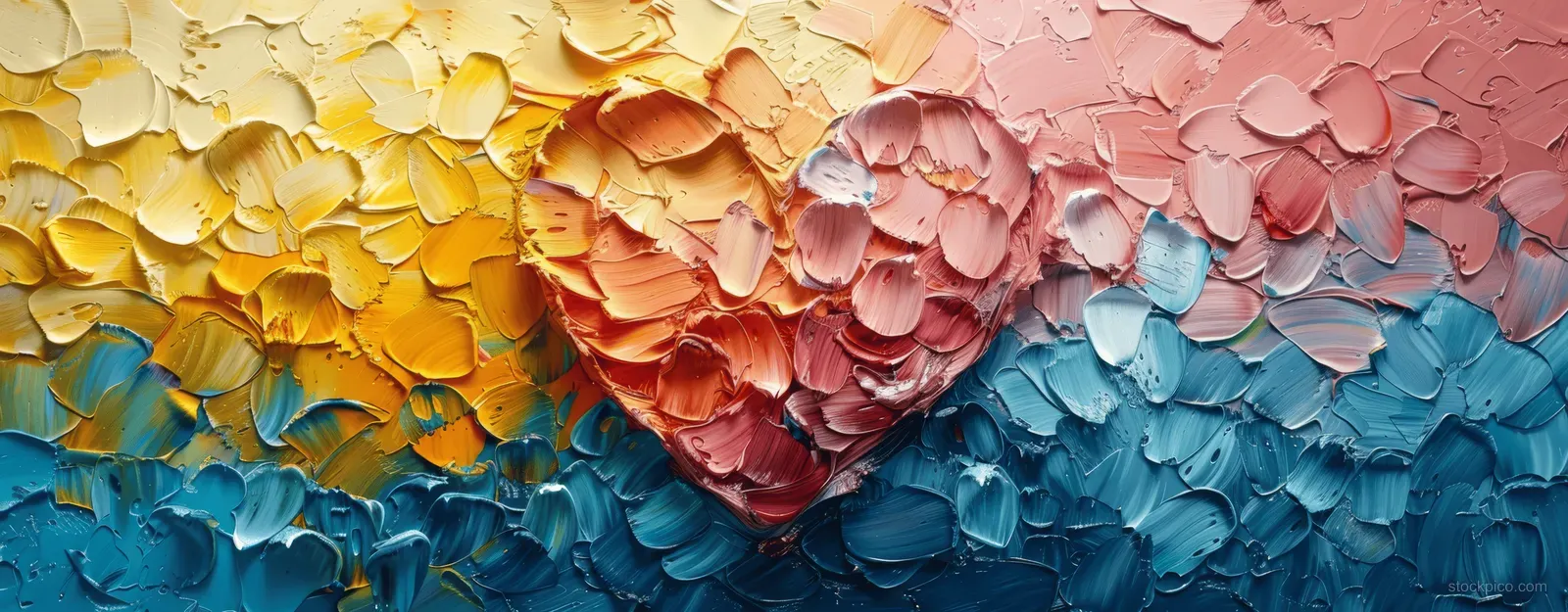 Abstract layered petals in pink, blue, and yellow textured paint.