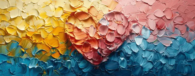 Abstract rose petals in pink, blue, and yellow textured layers