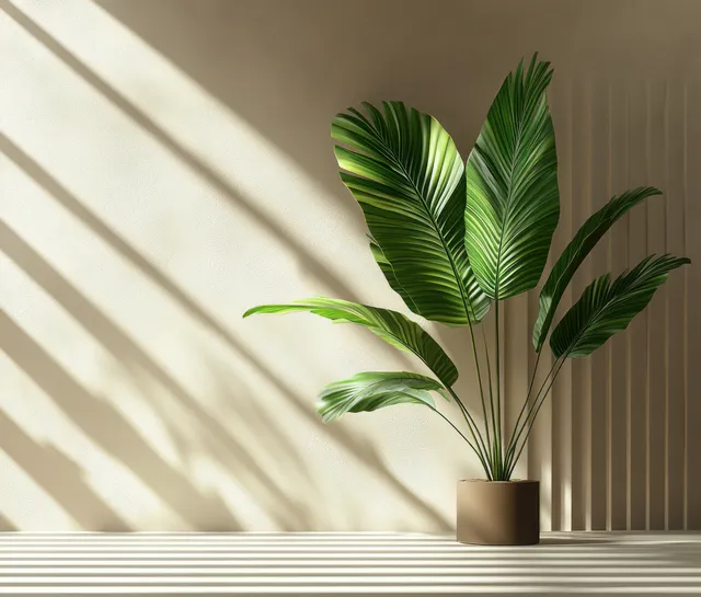 Tropical palm leaves in a small pot on a neutral pedestal with soft shadows