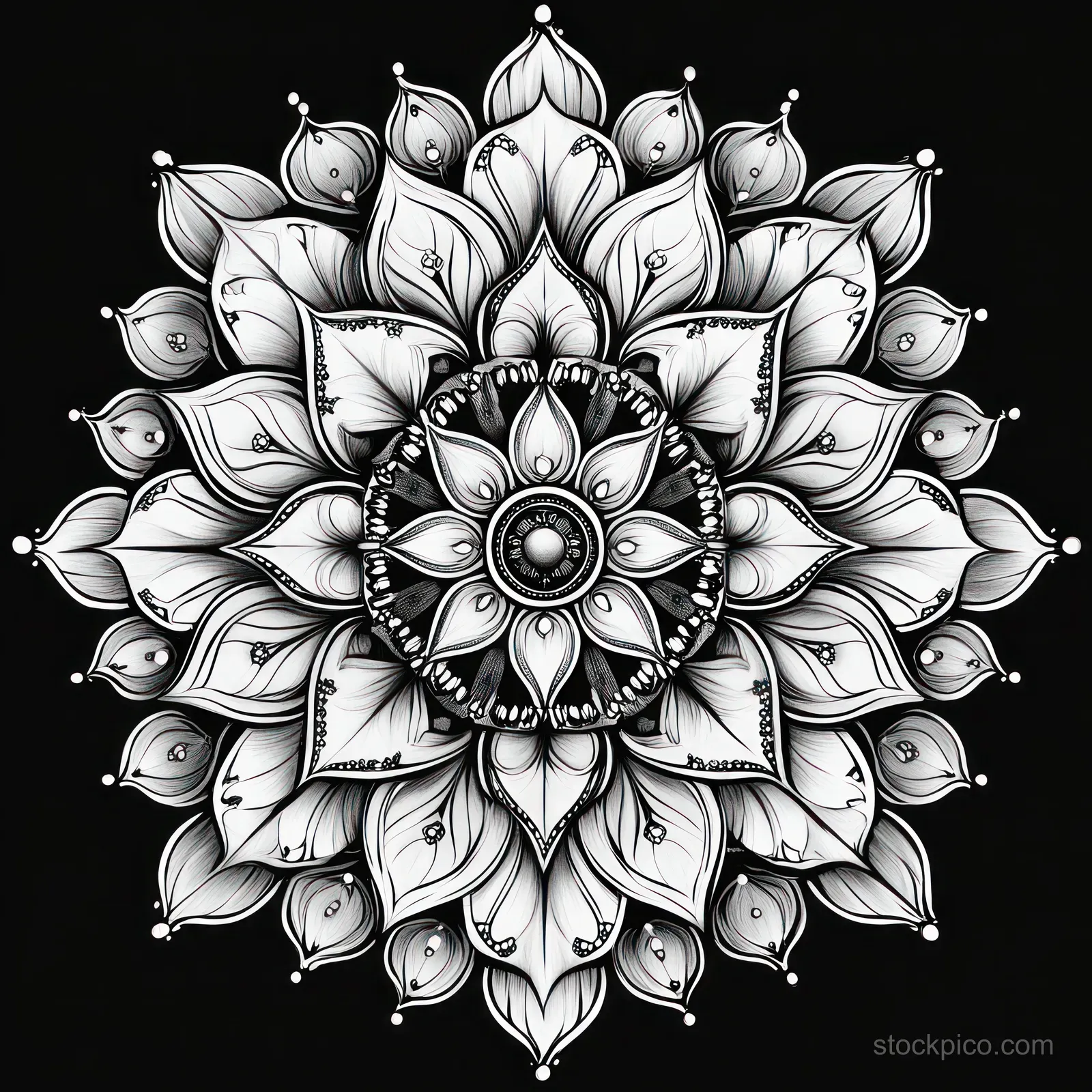 Symmetrical black and white floral mandala with layered petals and fine line shading on a black background.
