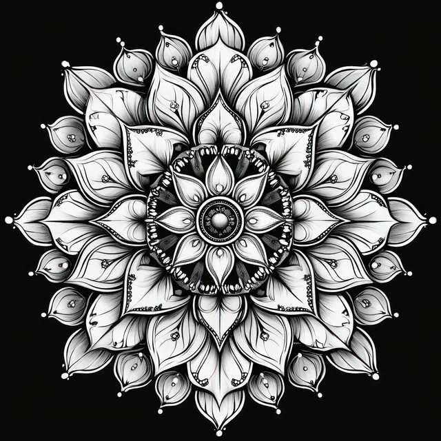 Symmetrical black and white floral mandala with layered petals and fine line shading on a black background.